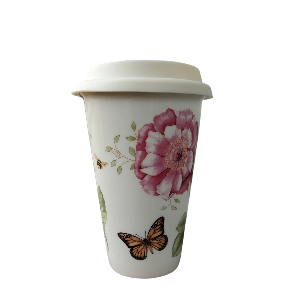 Lenox Pink Floral and Butterfly Mug with Lid
